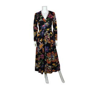 Vintage 70s Maxi Dress Womens Small Groovy Dark Floral Long Sleeve Surplice